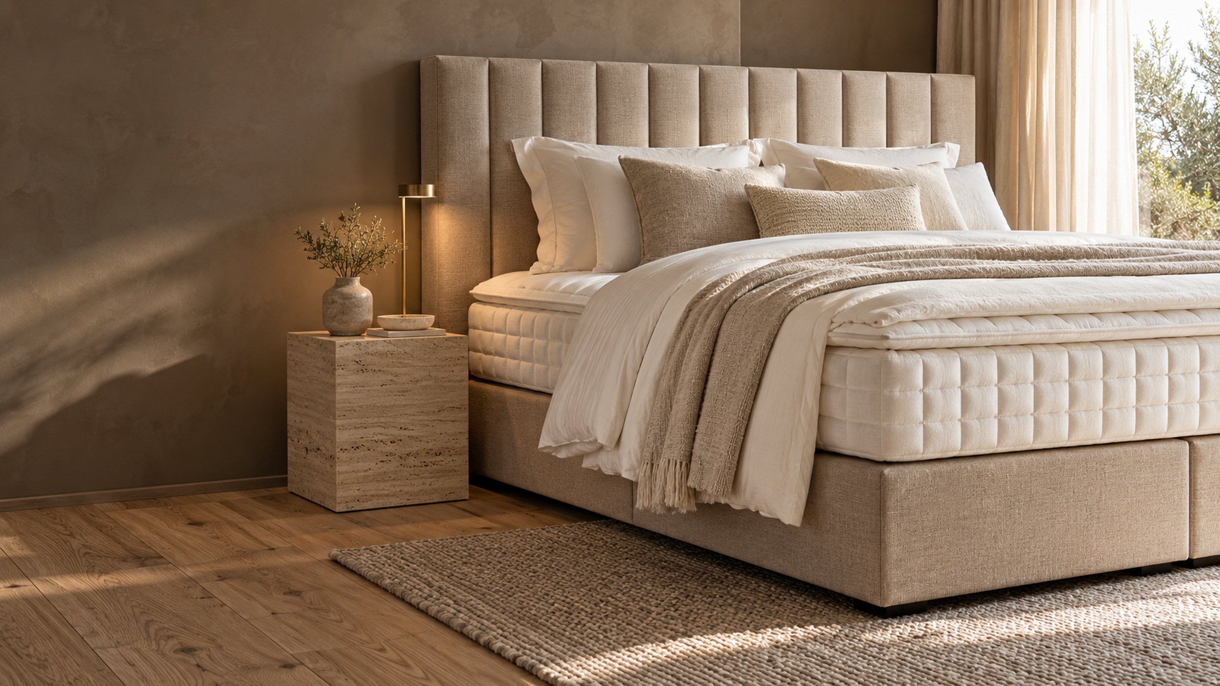 Beiges Boxspringbett mit hohem gepolstertem Kopfteil in einem hellen Schlafzimmer