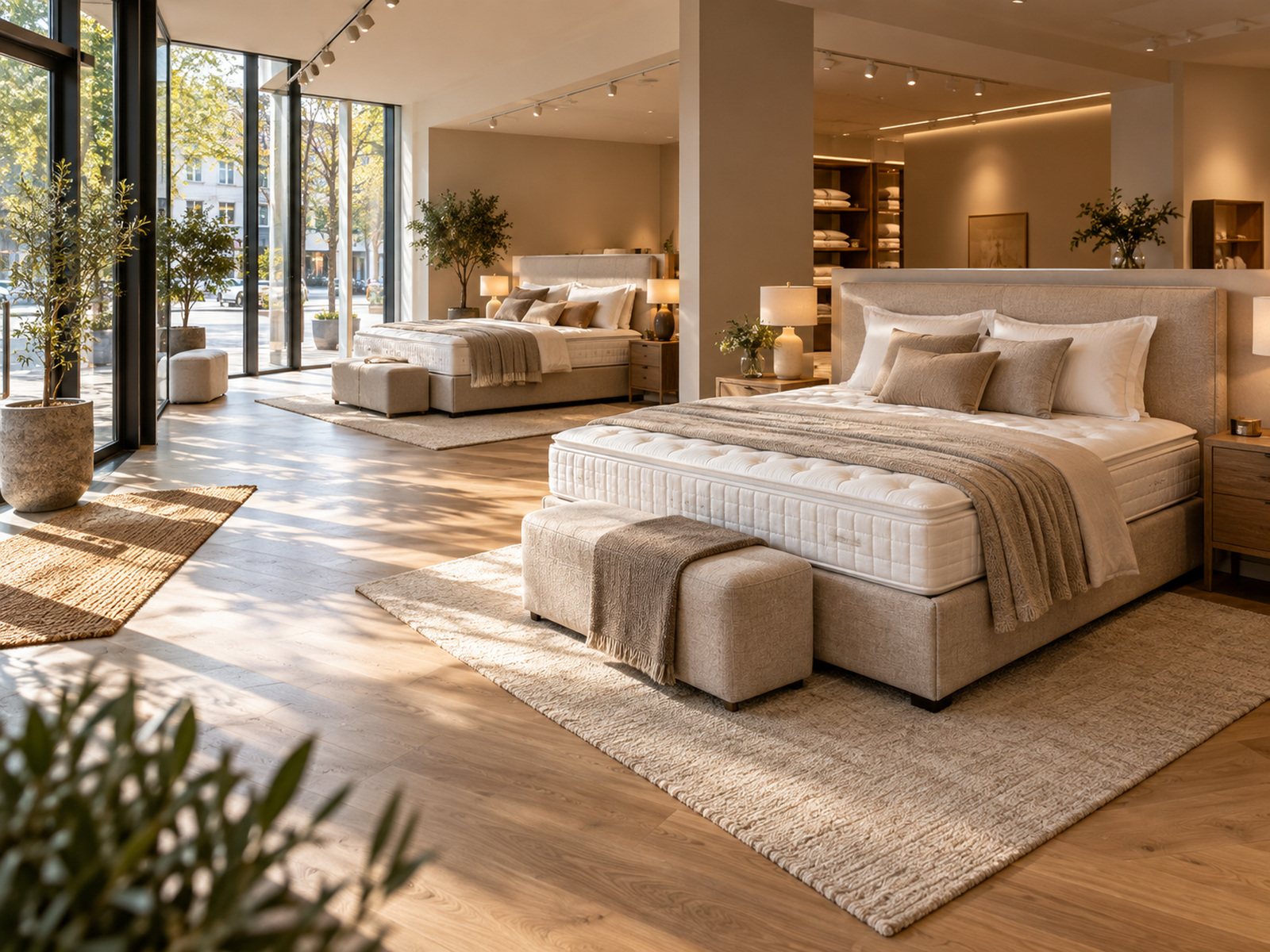 Showroom mit bezogenen Boxspringbetten